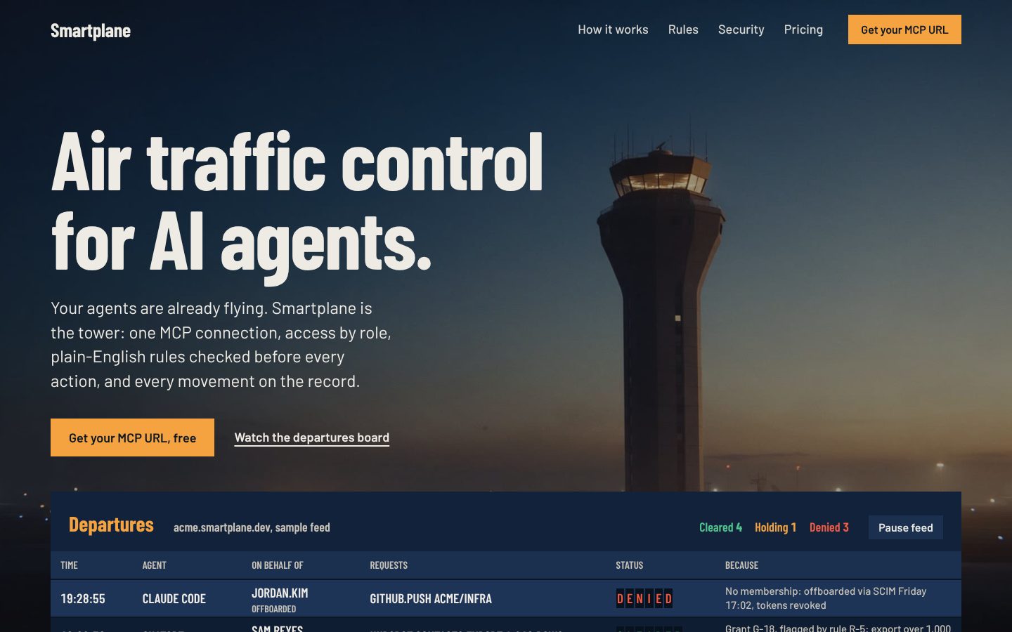Concept B hero: headline Air traffic control for AI agents over a control tower at dusk, with a departures board of agent actions below
