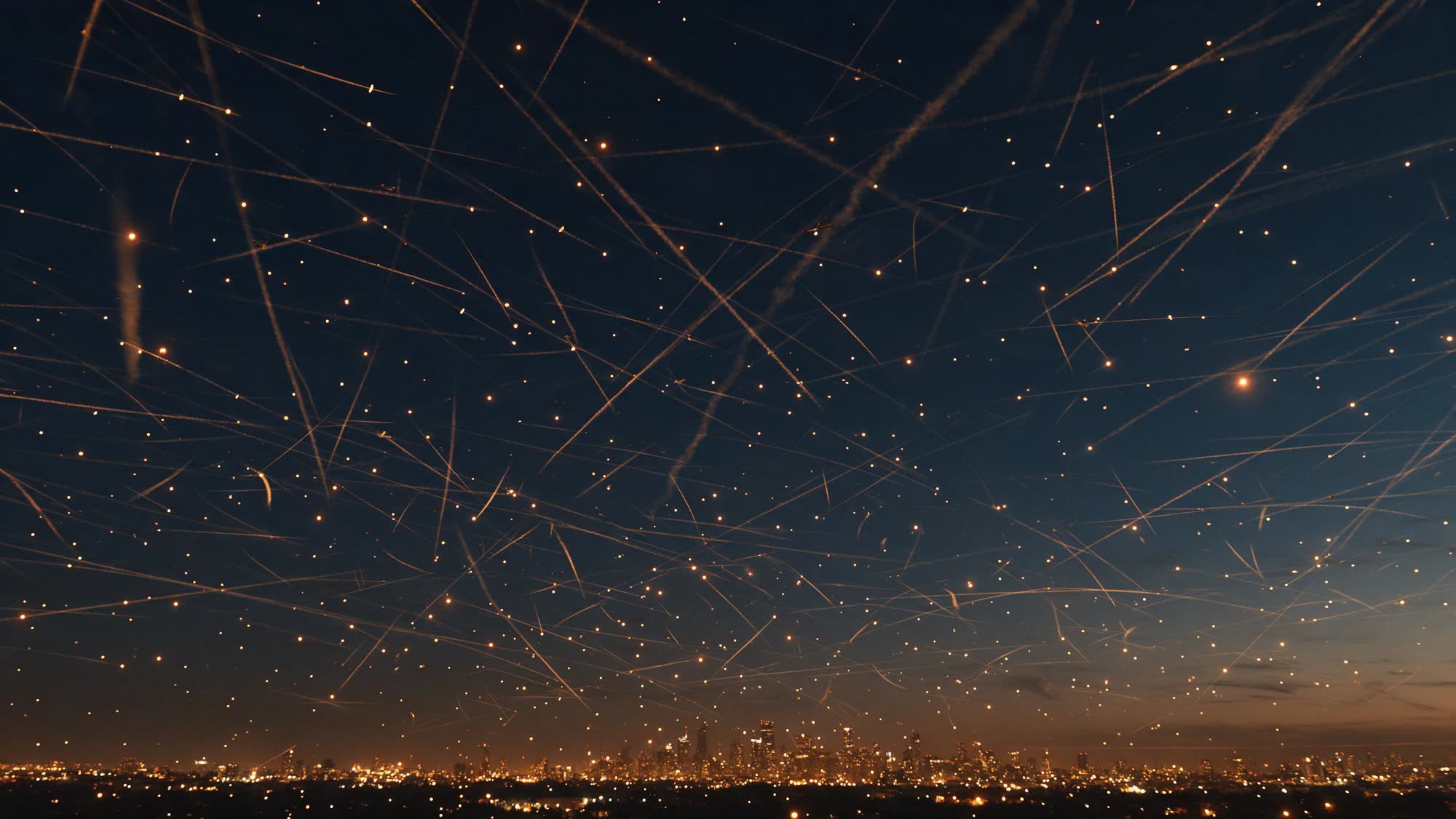 A night sky crowded with crossing aircraft trails over a city skyline