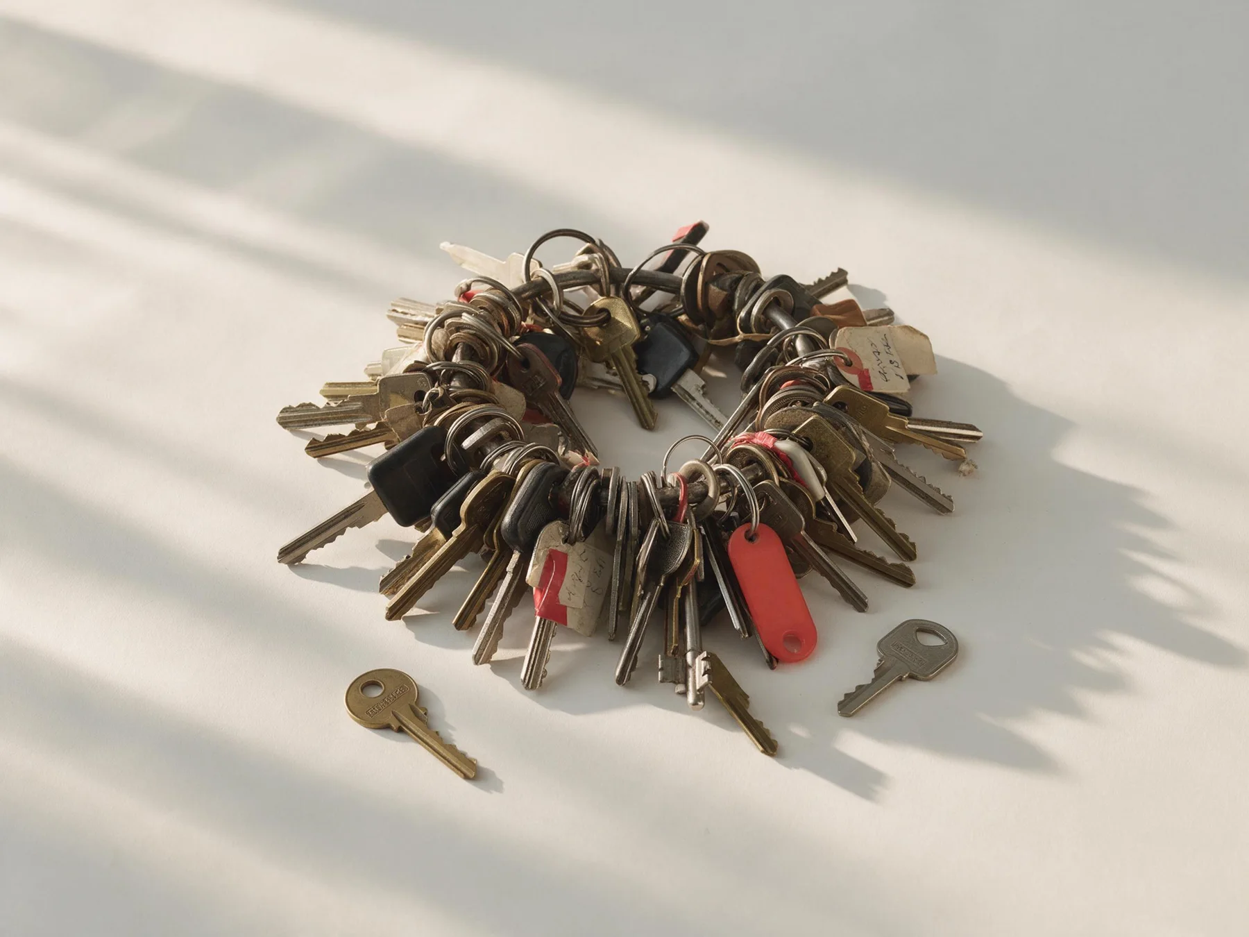 A heavy iron ring holding dozens of mismatched keys, some with handwritten tags and red tape, on a sunlit table.