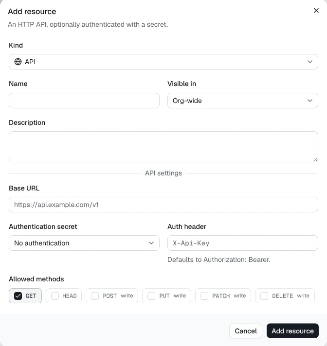 The Add resource dialog for an HTTP API: base URL, authentication secret, auth header, and allowed methods with only GET ticked.