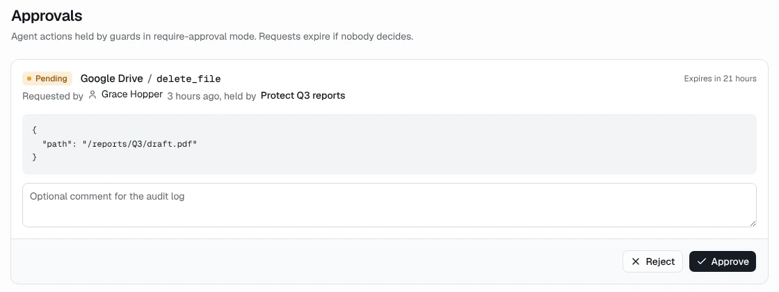 Approvals page: Grace Hopper's request to delete_file /reports/Q3/draft.pdf on Google Drive, held by 'Protect Q3 reports', with Reject and Approve buttons.